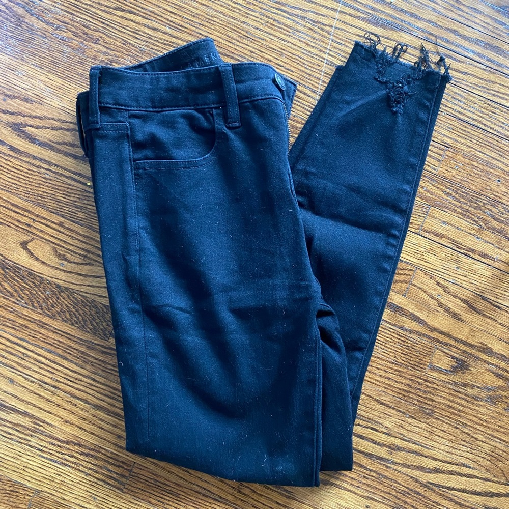 Black Skinny Jeans Raw Hem Ripped Distressed American Eagle Denim